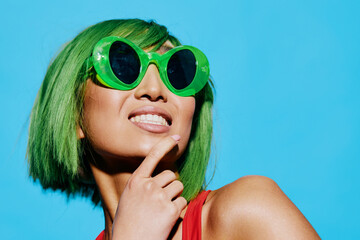 Wig woman beauty portrait green swimsuit sunglasses fashion trendy smile summer