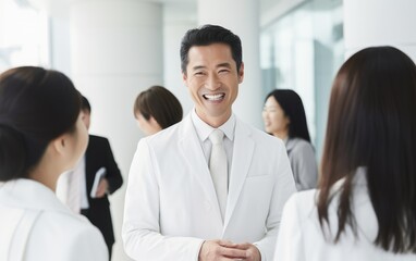 Mixed skin staff smiling greeting a guest in a white office