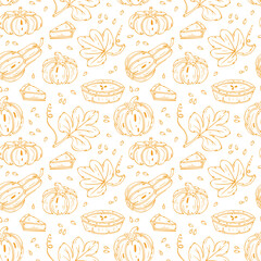 Thanksgiving Day Repeating Vector Background. Autumn Harvest Symbols Seamless Pattern. Outline Pumpkin Pie, Leaves and Different Varieties of Pumpkins. Healthy Food. Bakery, Vegetables illustration.