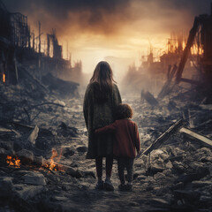 Close-up view at back side of mother and child holding hand and blur background of collapse city is destroyed by war.