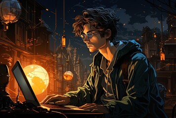 Young man working with his laptop at night.