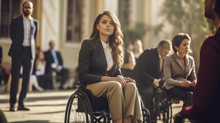 A Business woman in wheelchair outdoors.