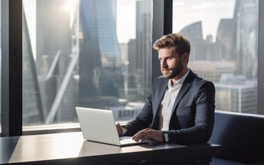 Successful startup CEO sitting at his desk with a laptop