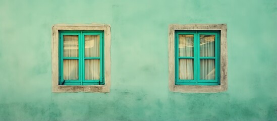 Pop art concept with Greek style window on trendy green and turquoise concrete wall featuring old painted windows and a banner with copy space