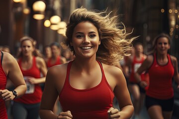 Fototapeta na wymiar young woman jogging and competing in a race through the city.