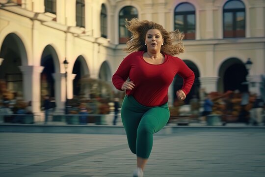 Overweight woman jogging through the city.