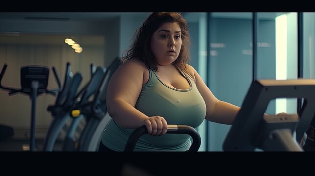Overweight woman doing her exercise routine at the gym.