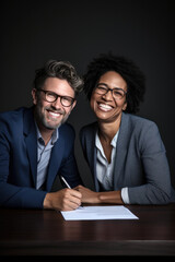 Fototapeta na wymiar Mixed skin clients smiling signing a mortgage deal