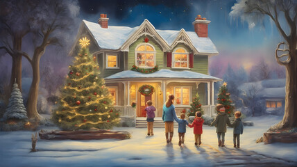 Obraz na płótnie Canvas oil artistic art of a family and children on Christmas tree, magic house with beautiful garden background. concept of Christmas day. 