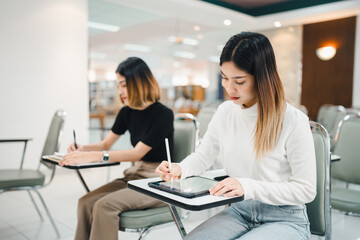 University College instructors and advisors meet female college students to advise their research study. University in classroom campus, college professor teacher and asian students discuss, teamwork 