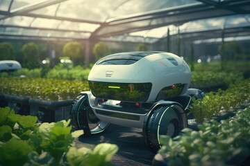Agriculture robot autonomous growing plant vegetables in smart farm, Future technology with smart agriculture farming concept