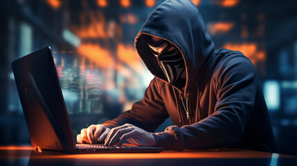 cybersecurity vulnerability and hacker, coding, malware concept. Hooded computer hacker in...