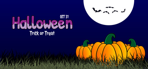 Halloween party illustration of a bat flying and pumpkins with night background and grass silhouette