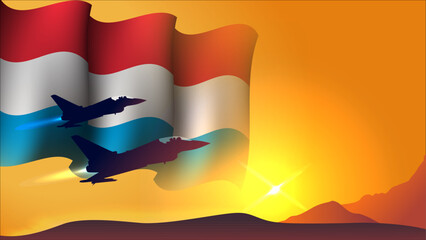 fighter jet plane with luxembourg waving flag background design with sunset view suitable for national luxembourg air forces day event