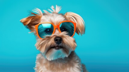 A dog in sunglasses on a monochromatic background with multi-colored lighting. Joke and relaxation.