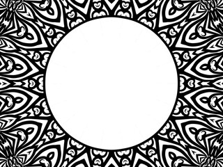 Beautiful black and white mandala circle frame with aesthetic line art flowers pattern 