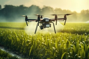 Smart farm drone flying spray over green field, Modern technologies in agriculture.