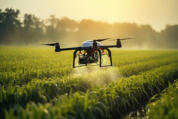 Smart farm drone flying spray over green field, Modern technologies in agriculture. - obrazy, fototapety, plakaty