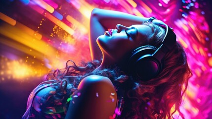 A bright multi-colored image of a woman wearing headphones in a nightclub. Modern pop music, female DJ. - obrazy, fototapety, plakaty