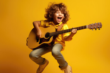 Jumping child playing guitar and singing on a yellow background