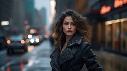 Fototapeta premium A young attractive woman demonstrates fashionable winter clothes on a city street. Dynamic pose. Fashion, female beauty.
