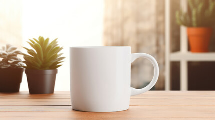 Blank white mug mockup on wooden table with plants background, Empty cup template. Generative AI