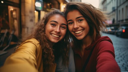 Two young laughing happy women taking a selfie on the phone. Friendship and lifestyle.