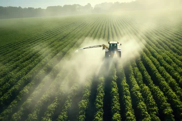 Fotobehang Industrial tractor spraying soybean field at spring in agriculture. Sprays useful pesticides to increase productivity destroys harmful insects. © Oulaphone