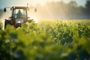 Industrial tractor spraying soybean field at spring in agriculture. Sprays useful pesticides to...