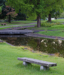 Park bench in front of a stream