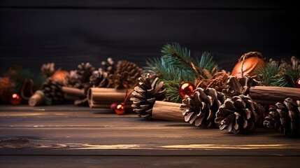 christmas background. Pinecones, pine branches, and cinnamon arranged on a brown wooden retro table. close up, side view. Retro background.