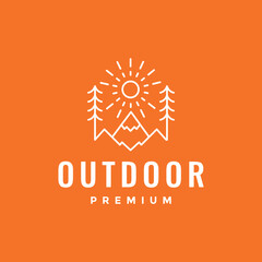 outdoor mountain trees forest sunburst minimalist style line hipster colored logo design vector icon illustration