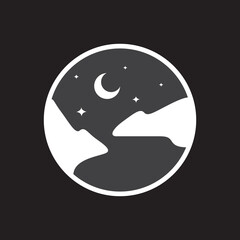 nature night crescent stars peak and lake circle modern simple sticker logo design vector icon illustration