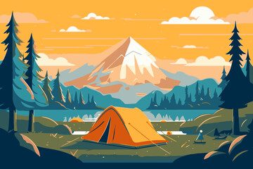 Camping and hiking in the mountains. Vector illustration in flat style