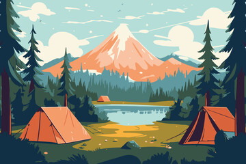Camping and hiking in the mountains. Vector illustration in flat style - obrazy, fototapety, plakaty