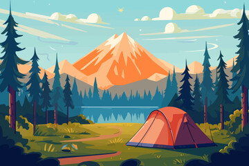 Camping and hiking in the mountains. Vector illustration in flat style