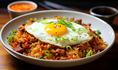 Fried rice topped with fried eggs.