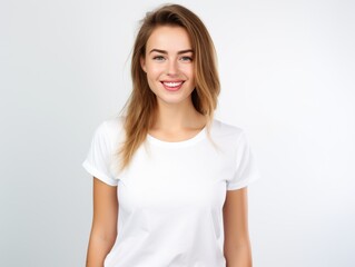 Nice young woman in a white T-shirt on a plain background.