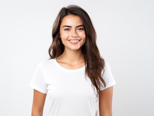 Fototapeta premium Nice young woman in a white T-shirt on a plain background.