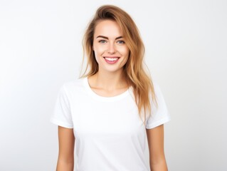 Fototapeta premium Nice young woman in a white T-shirt on a plain background.