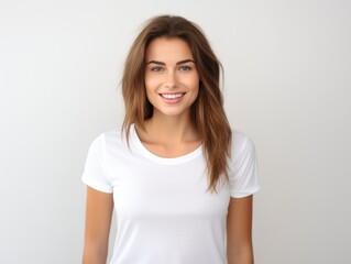 Nice young woman in a white T-shirt on a plain background.