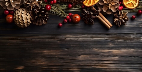 Christmas Elements Background. Pinecones, cinnamon, and Christmas-colored dried fruits arranged on the upper part of a brown vintage wooden table. Top view. 