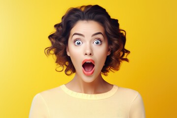 Surprised woman on a plain background. Facial expression.