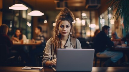 A woman works remotely in a cafe on a laptop. Freelancing and home office.