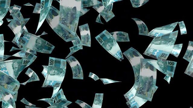 Money rain. Brazilian real banknotes falling down. Alpha channel. Vertical video