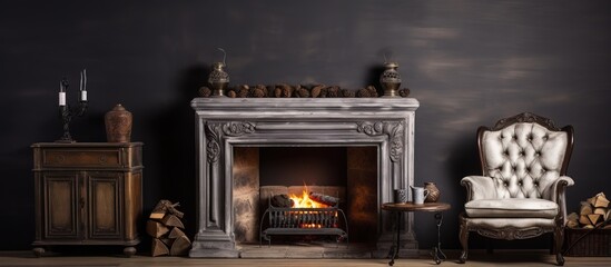 Old fashioned fireplace and hearth burning coal or wood