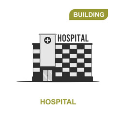 A simple illustration of a hospital. The hospital building is black in color. Icons and illustrations of the hospital with a transparent background.