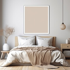 Modern bedroom interior in beige colors, picture frame mock-up on the wall, ai generated