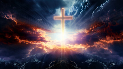 空中に浮かぶ光輝く十字架のイメージ背景