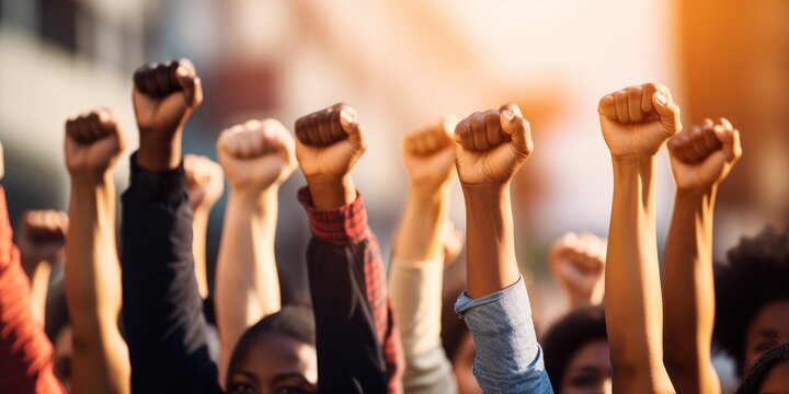 Group of multi ethnic people raising their fists up in the air